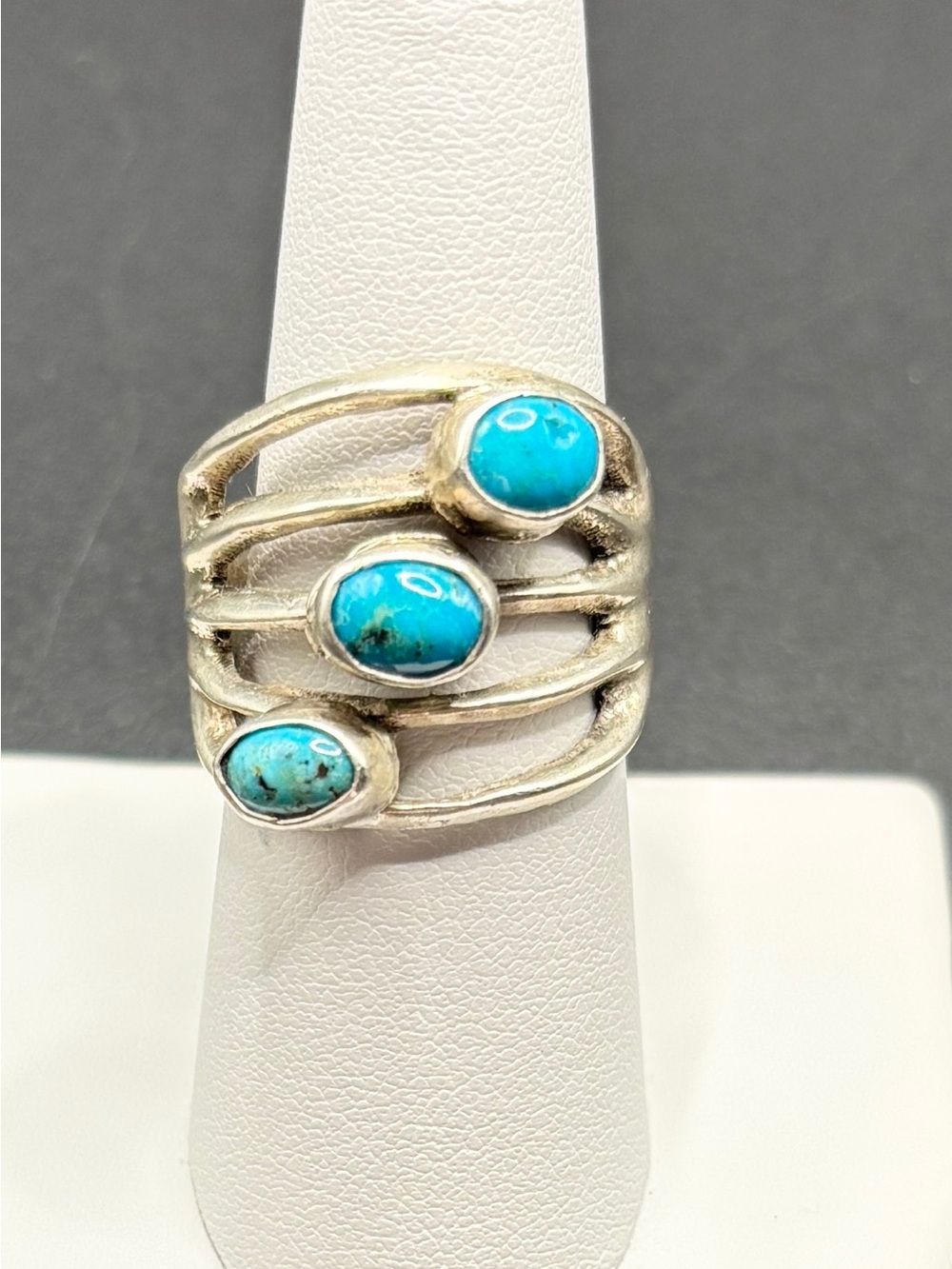 Sterling Silver Triple Turquoise Ring - Bright Turquoise Stones